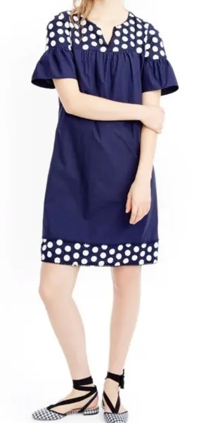 J. Crew Bell Sleeve Fringe Dot Dress blue white‎ sz 10 thumbnail 1