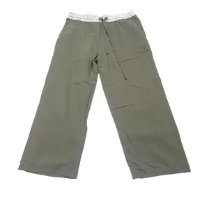 Womens XL Olive Green Wide Leg Drawstring Pants Elastic Waist Casual Lounge thumbnail 1