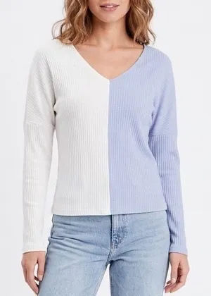 Shein Sweater Womens Large White Blue Knit Stretch Long Sleeve V-Neck Pullover thumbnail 1