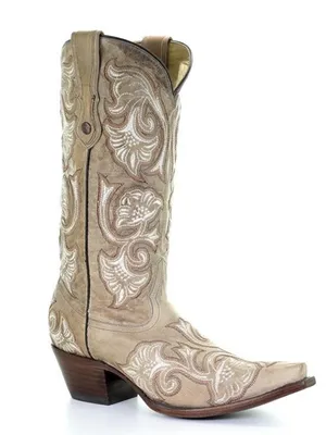 Women's Corral Western Beige White Embroidery Snip Toe Boots G1086 6.5 thumbnail 1