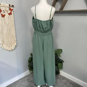 Gigio Sage Green Jumpsuit Wide Leg Ruffle Hem Smocked Adjustable Straps thumbnail 5