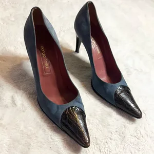 Sergio Rossi Pointed Toe Heals Blue Suede & Embossed Brown Leather Size 37 US 7 thumbnail 2