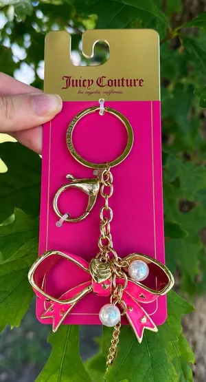 Juicy Couture Pink Bow Pearl Gold Tone Keychain Bag Charm NWT Y2K Cute thumbnail 1