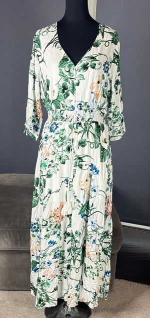 Women’s Floral Maxi Dress 3/4 Sleeve Empire Waist Button Front V-Neck Size XL thumbnail 1