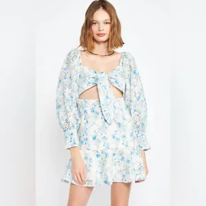 En Saison Claire Eyelet Lace Mini Dress with Tie Blue Floral Small NWT thumbnail 2