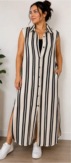 H&M Black & Cream Sleeveless Button-Front Striped Maxi Dress thumbnail 1