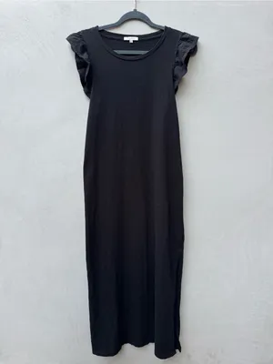 Z Supply Blakely Slub Ruffle Midi Maxi Dress Black 100% Cotton Side Slit M thumbnail 2