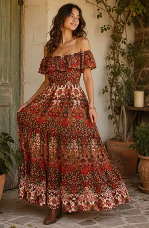 Light & Sound Boho Floral Off Shoulder Maxi Dress Cottagecore Prairie S Western thumbnail 1