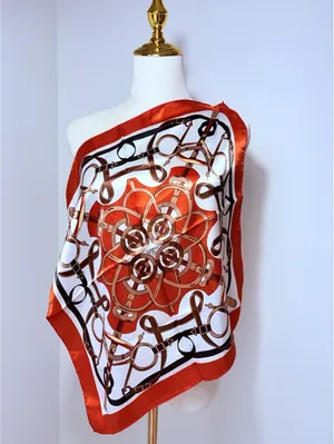 Women's Square Scarf Satin Equestrian Print Logo Orange White Brown thumbnail 3