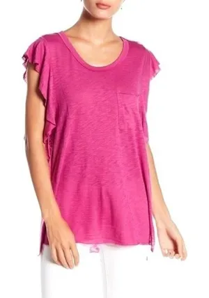 Free People Shirt Women Small Pink‎ Raspberry Ruffled So Easy Tee Top Boho NWT thumbnail 1