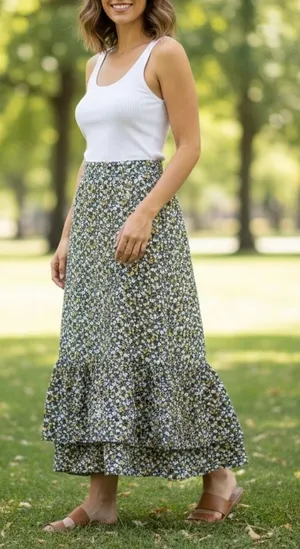 Allegra K Floral Maxi Ruffle Skirt - Black, Yellow, White thumbnail 1