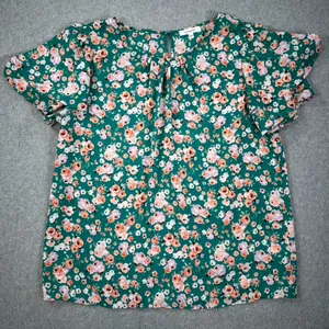 Pleione Green Floral Tiered Flutter Sleeve Blouse Women's Medium Round Neck thumbnail 1