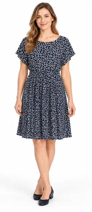 Navy & White Floral Pleated Scoop Neck Elastic Waist Short Sleeve Midi Dress thumbnail 1