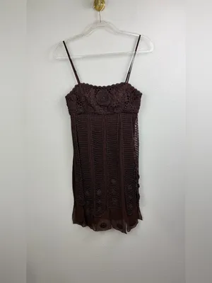 Sue Wong Y2K Chocolate Silk Crochet Panel’s Floral Appliqué Mini Dress Size 6P thumbnail 2