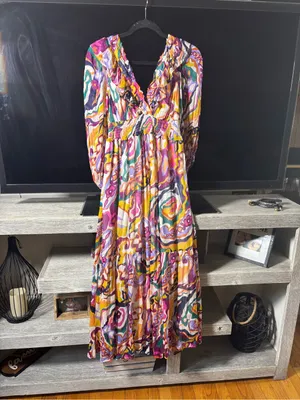 Anthropologie Multicolor Swirl-Print V-Neck Tiered Maxi Dress thumbnail 3