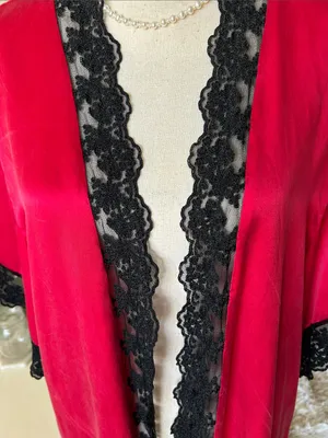 Victoria secret Vtg 80’s red silk blk lace trim short robe OS thumbnail 2