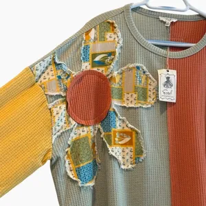 Easel Daisy Patchwork Top Multicolor Boho Waffle Knit Long Sleeve Women‎ Small thumbnail 2