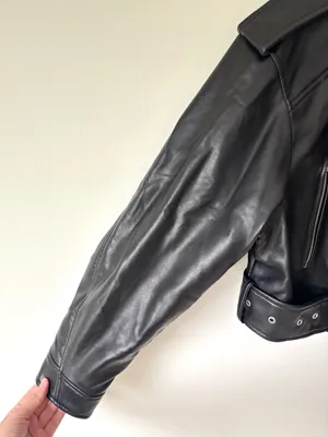 Zara Black Vegan Faux Leather Cropped Biker Moto Jacket Belted thumbnail 9