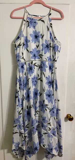 Lulus Blue White Floral Halter Midi Dress Handkerchief Hem Ladder‎ Lace XL thumbnail 1