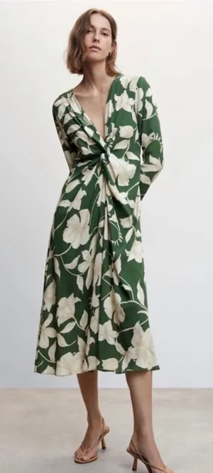 Mango MNG Women Green‎ Floral Midi Dress 10 Green Knot Front Resort Vacation thumbnail 1