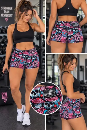 Women’s Skull & Cupcake Print Active Shorts - Pink‎ Blue thumbnail 2