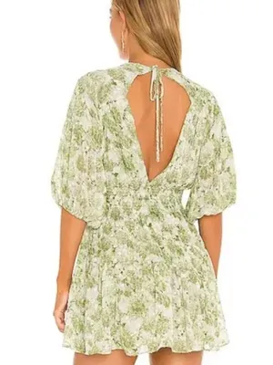 Misa Green White Seven Floral Deep V Puff‎ Sleeve Mini Dress thumbnail 2