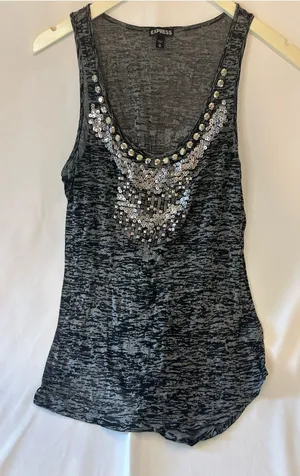 Express Gray Black Heathered Sequin Scoop Neck Tank thumbnail 1