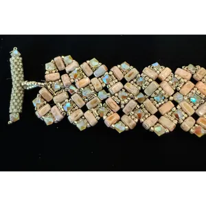 Handmade Women 7" Glass Beaded Toggle Bracelet Tan‎ Blue Iridescent Western Art thumbnail 3