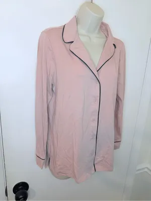 Soma Pink Knit Pajama Top Small Long Sleeve Button Up Black Piping thumbnail 3