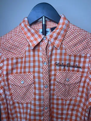 Harley Davidson Orange Gingham Snap Shirt‎ Embroidered Back Small thumbnail 3