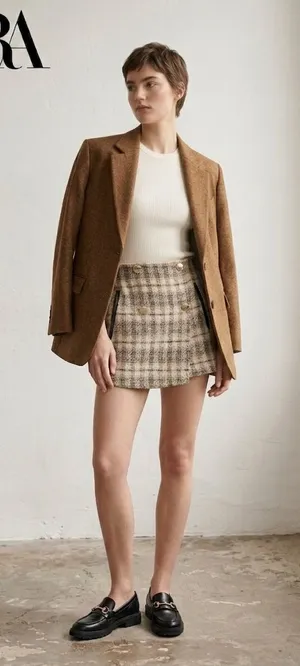 ZARA Brown Plaid Mini Skort - Button Detail thumbnail 1