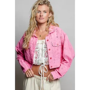 POL Eyelet Textured Cotton‎ Cropped Button-Front Jacket - Candy Pink - Large thumbnail 4