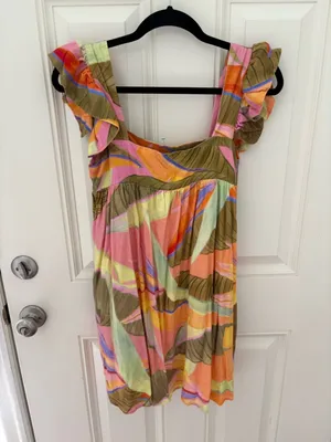 Revolve Kourt Pink Green Tropical Print Square Neck Ruffled Linen Mini Dress NWT XS thumbnail 1