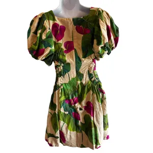 FARM Rio Sand Anthurium Leaves Puff Sleeve Mini Dress XS Summer Boho Ljnen thumbnail 2