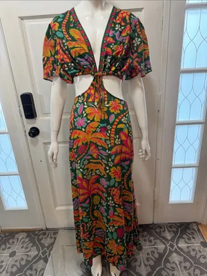 Farm Rio Tropical Cutout Maxi Dress in Green with Pink Orange Floral Print S XL thumbnail 4