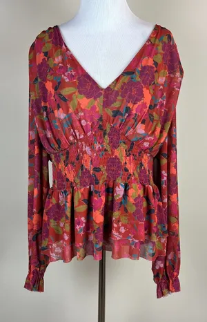 DR2 Babydoll Blouse Womens XL Smocked‎ Waist Peplum Stretch Floral Peasant Boho thumbnail 1