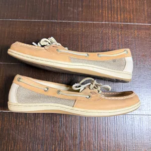 Sperry Top-Sider Firefish Boat Shoes Women 9M Tan Leather Linen Nautical Loafers thumbnail 5