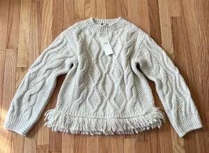 Cream Cable Knit Fringe Sweater Womens Small Cozy Coastal Grandma Quiet Luxury thumbnail 1