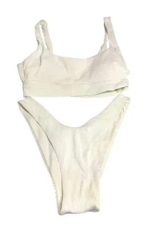 Aerie Bikini Set Ribbed Scoop Neck Removable Cups Cheekier White S thumbnail 1