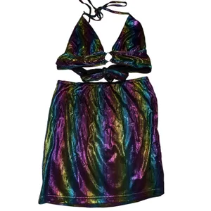 Holographic halter top mini skirt rainbow colored shiny Womens Xs rave set dress thumbnail 2