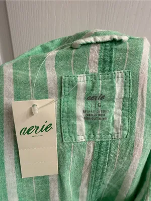 Aerie Green White Striped Linen Blend Coverup Button-Up Shirt - size L thumbnail 8