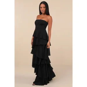 NWOT Lulus Gorgeous Essence Black Strapless Tiered Maxi Dress Wedding Size M thumbnail 3