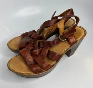 Born Strappy Platform Sandals Womens 8 Brown Good Leather Woven Block Heel thumbnail 1