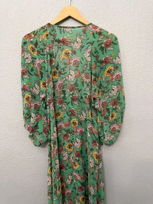 Free People Earthfolk Button Front Maxi Dress Size Small Ruched Sleeves V-neck thumbnail 5