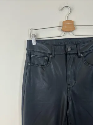American Eagle Black Faux Leather Super High Rise Flare Pants Size 8 Women's thumbnail 2