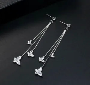 925 Silver Needle Crystal Butterfly Long Tassel Dangle Drop Earrings for Women thumbnail 2