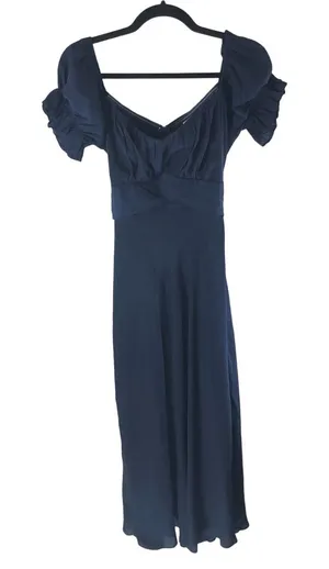 Selfie Leslie Midi Dress Puff Sleeve Tie Waist Off Shoulder Satin Navy Blue M thumbnail 1