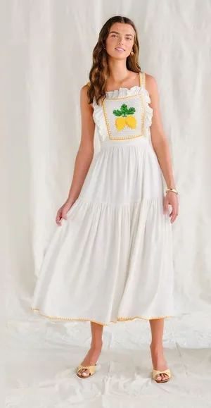 SAYLOR White Lemon Crochet Bib Midi Dress Ruffle Tiered Sundress Small thumbnail 1