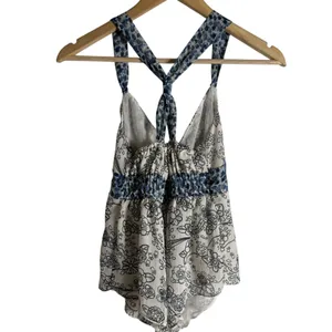 Abercrombie Y2K White Blue Floral Print Twist Back Babydoll Boho Tank Top XS thumbnail 5