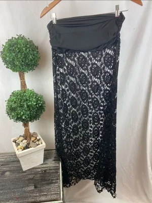 Black Sheer To Waist Maxi Long Lace Skirt M thumbnail 3